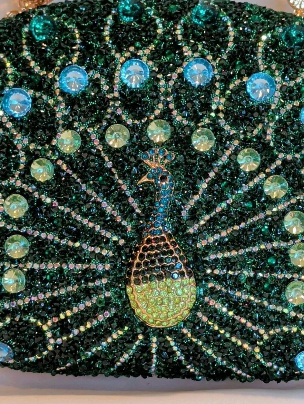 Purse Peacock Green & Blue Crystal Beaded Clutch Detachable Chain & Handle 8